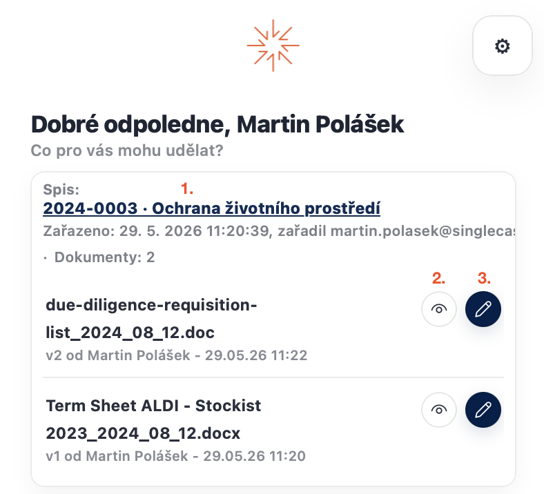 Souhrn po uložení se jménem spisu a seznamem dokumentů s ikonami pro otevření a editaci